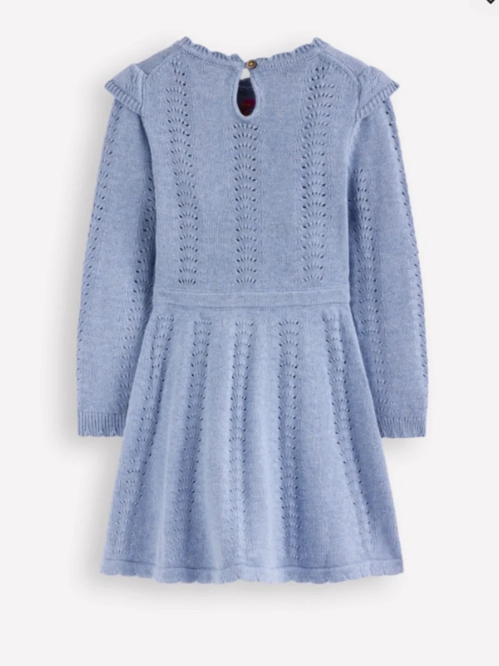 Mini Boden - Blue w/Pink Embroidered Flowers Pointelle Knitted Dress, Size 8-9y